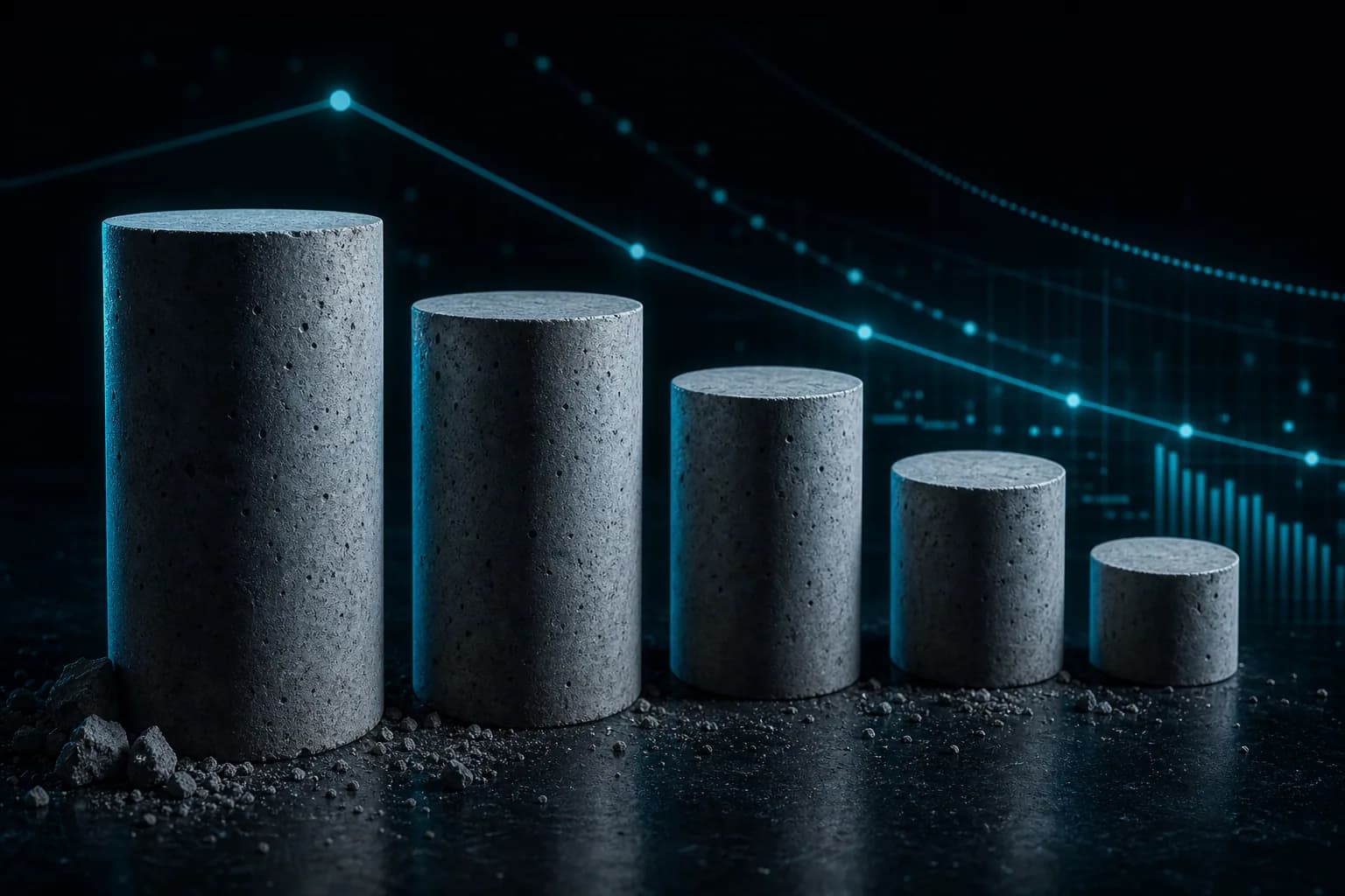 Concrete test cylinders against a descending cost curve