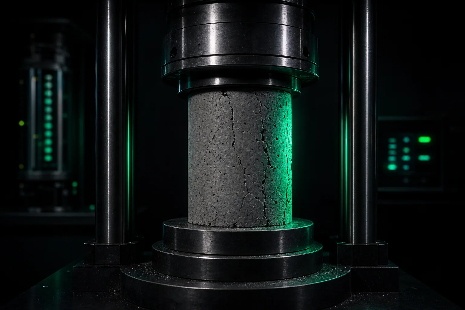 Concrete cylinder under compression in a laboratory testing press